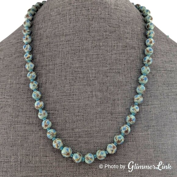 Vintage Chinese Export Hand Painted Knotted Blue Round Porcelain Bead Necklace - Picture 6 of 10